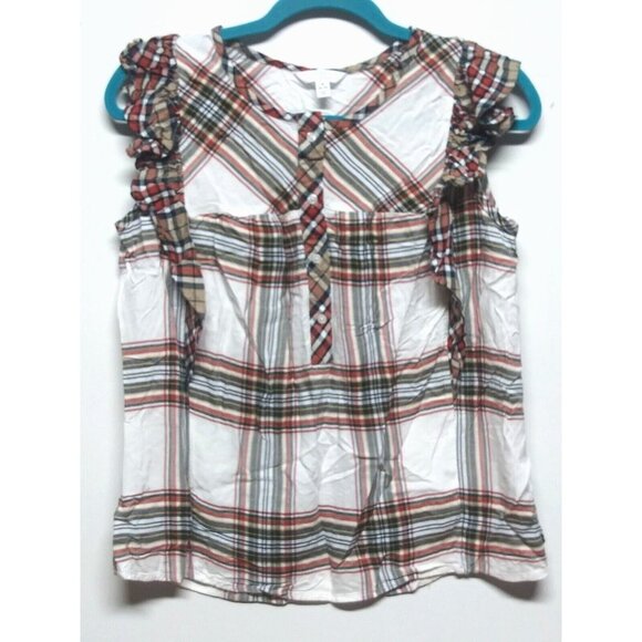Time & Tru Womens ruffled tank top Plaid flutter/Cap Sleeve Sz M multicolor EUC - Picture 2 of 12